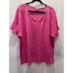 Chico's Shirt 100% Linen Short Sleeve V Neck Pink Gold Sparkle Sz XXL Preppy